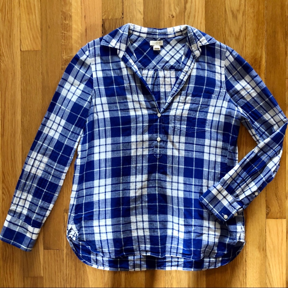 J. Crew Blue & White Plaid Henley Blouse